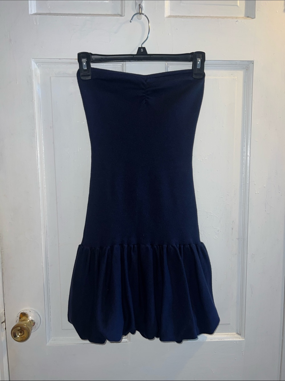 Strapless Navy Blue Ruffle-Hem Dress